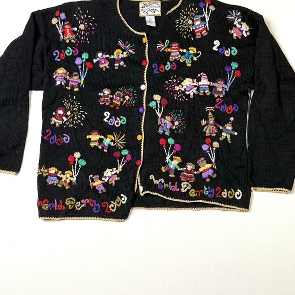 Heirloom Collection Sweaters - Vintage Heirloom Collectibles Y2K World Party 2000 Embroidered Cardigan Sz Large